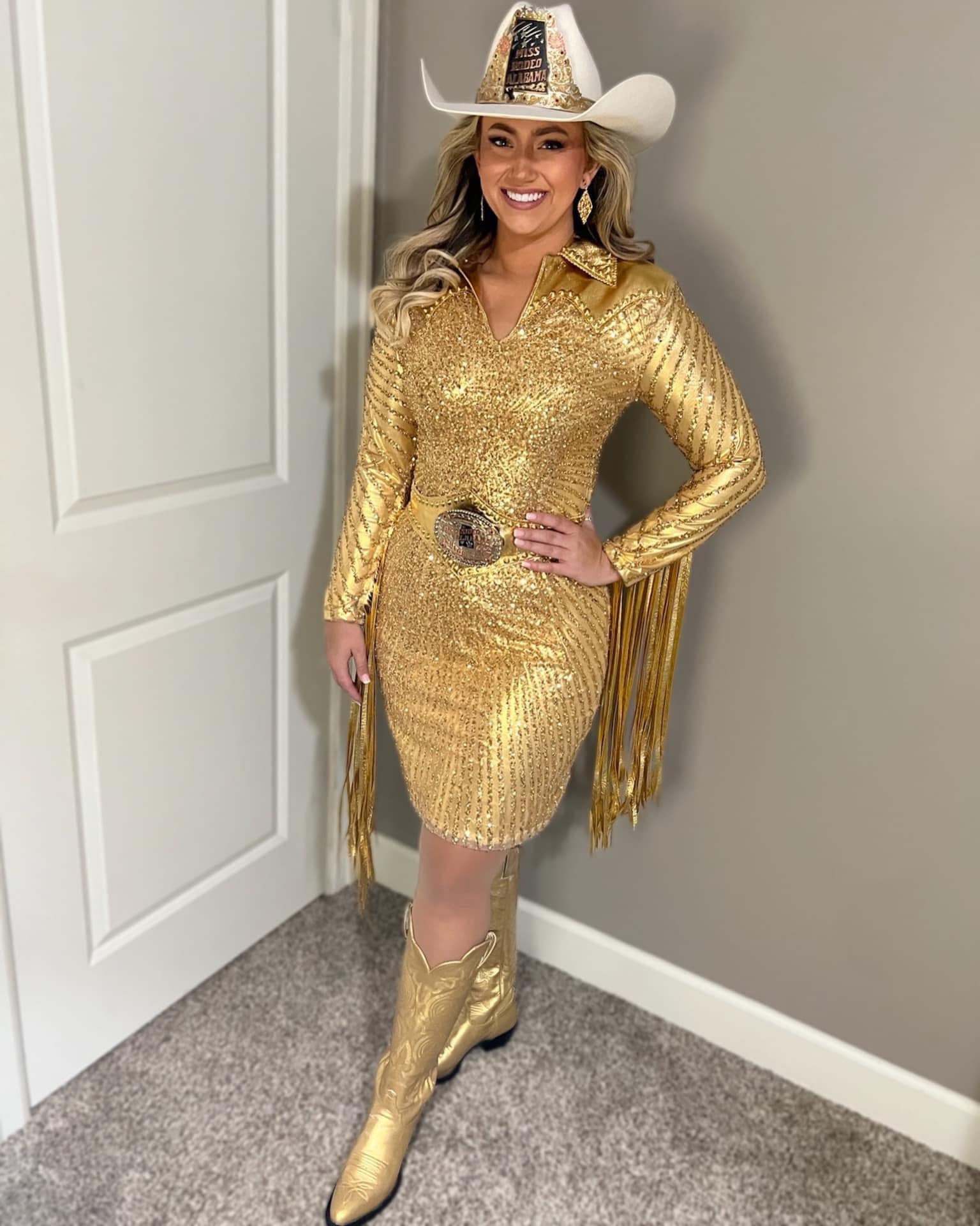 women in gold skirt outfit